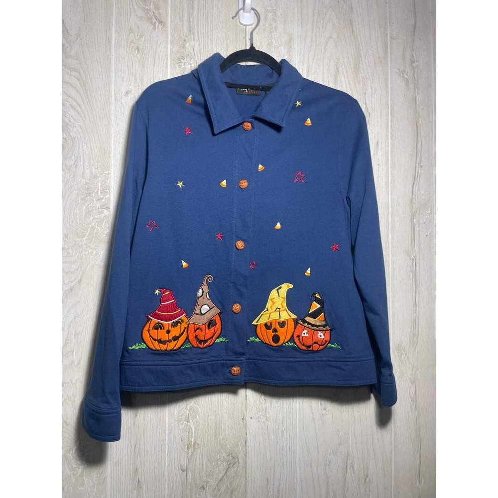 Onque Casuals Womens largeEmbroidered Halloween Pumpkin Cardigan Button Up READ